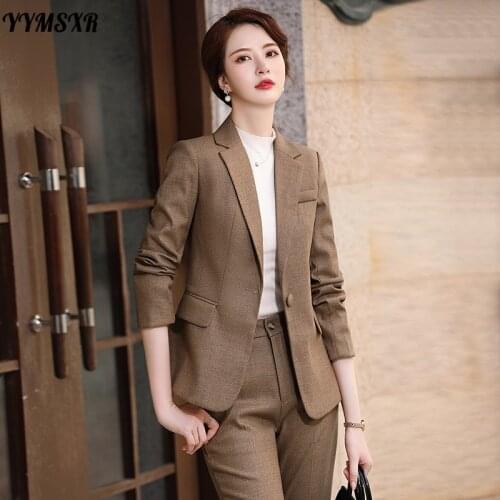 Fall/Winter 2021 Womens Plus Size Double-breasted Long-sleeved Office Suit Casual Plaid Ladies Jacket + Slim Pants Two-piece