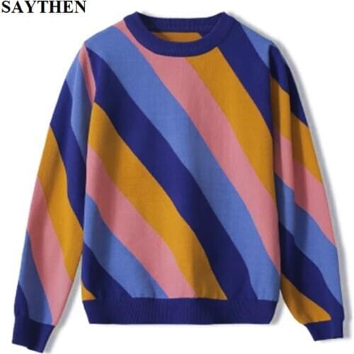 SAYTHEN 2020 Wool Long-Sleeved Womens For Autumn And Winter New Rainbow Diagonal Multicolor Striped Round Neck Pullover Sweate
