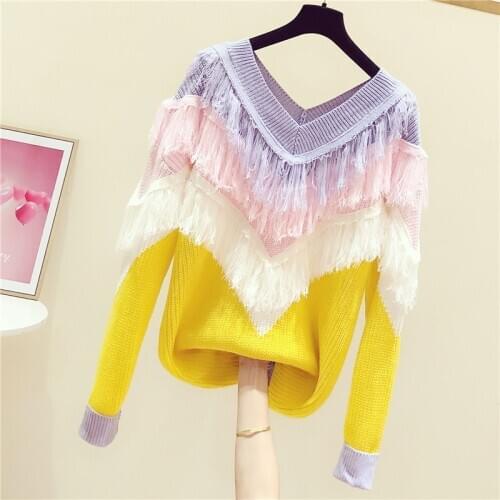 2020 Spring Sweater Woman Korean Style New Contrast Fringe V-neck Color Sweater Womens Casual Long Sleeve Knit Top Jumper Femme