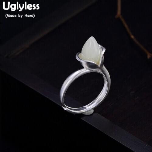 Uglyless S925 Sterling Silver Flower Rings for Women Elegant White Jade Ring Natural Strawberry Quartz Pink Ring Magnolia Bijoux