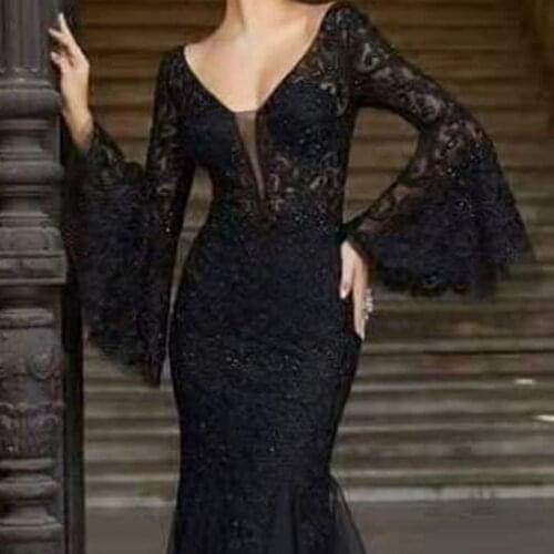 Ladies Autumn Evening Dress Noble Sexy Slim Fish Tail Long Banquet Dress Black Long Dress Lace Long Sleeve Floor Evening Dress