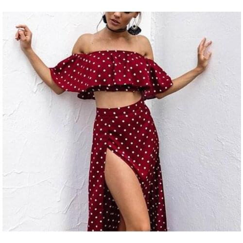 Women Off Shoulder Red Vintage Dot Long Dress Summer Maxi Dress Chiffon Ruffle Sexy Beach Dresses Vestidos