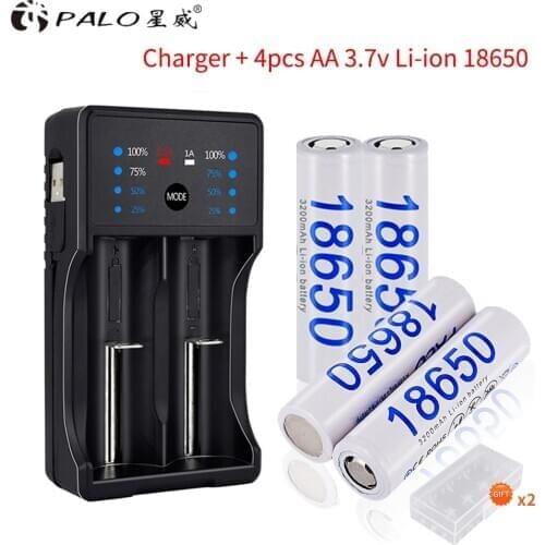 Palo 2Pcs/4Pcs 18650 3.7v li-ion 3200mAh Rechargeable Batteries + Smart Led Charger for AA AAA 18650 14500 16350 Led Flashlight
