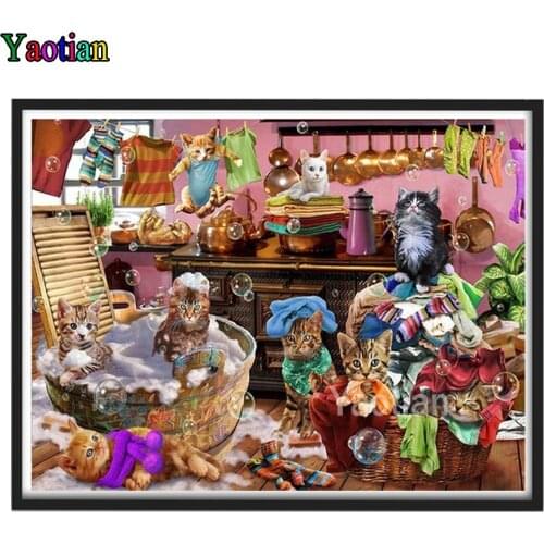 Full Square/Round Drill Diamond Painting Burning Kitchen kitten playing Embroidery Rhinestone Mosaic Cross Stitch Animal