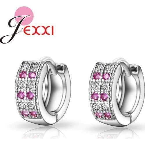 Authentic 100% 925 Sterling Silver Round Fushia CZ Paved Shinning Cubic Zirconia Female Accessories Hoop Earrings