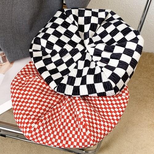 Plaid Beret Womens New Fashion Retro Cloud Hat Spring and Autumn Big Head Circumference Painter Hat