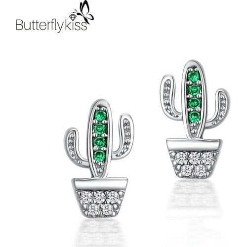 BK 925 Sterling Silver Stud Earrings Green Zircon Gemstone Cactus Unusual Earrings For Women Wedding Engagement Fine Jewelry