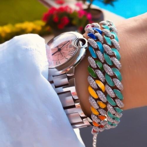 Hip Hop Bling Iced Out 11mm Rapper Bracelet Full cz Pave With rainbow enamel Miami Cuban Link Chain Bracelet for women Jewelry