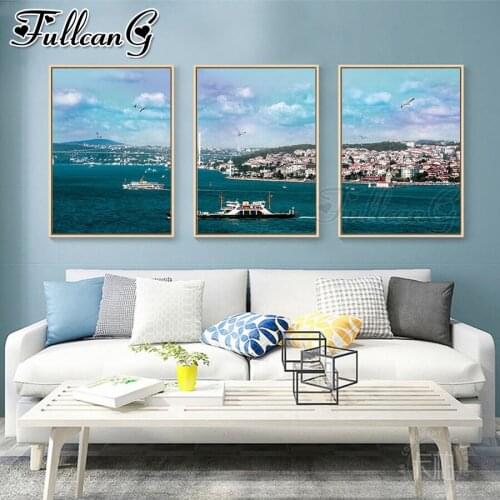 FULLCANG 5d diy diamond embroidery sea cruise ship scenery diamond painting triptych full square round drill home decor FC3409