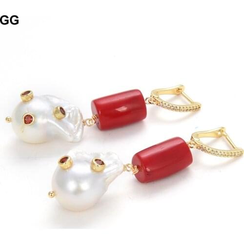GG Jewelry Natural Freshwater Cultured White Keshi Baroque Pearl Red Coral Dangle CZ Pave Hook Earrings Women Jewelry