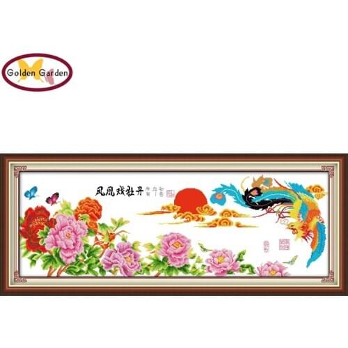 GG Phoenix Plays with Peony Pattern Counted 11CT14CT Cross Stitch Set Handmade Embroidery Needlework Cross Stitch Kits for Decor