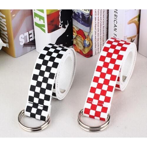 Casual Men Women Checkerboard Canvas D Ring Belt Plaid Waist Strap Waistband Casual hot Black White Plaid Belt