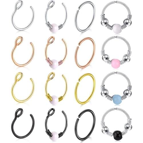 20G 16Pcs Nose Hoop Ring Stainless Steel Fake Nose Rings Hoop 8mm Hoop Nose Piercing for Women Men