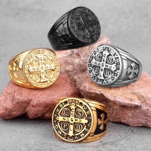 Saint Benedict Cspb Gold Black Cross Men Rings Punk Hip Hop for Boyfriend Male Stainless Steel Jewelry Creativity Gift Wholesale