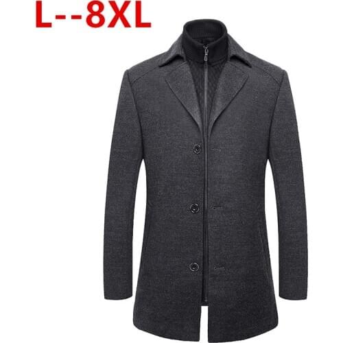 8XL 6XL 5XL Men Winter Warm Trench Woolen Coat Slim Fit Casual Reefer Jackets Solid Stand Collar Double Breasted Peacoat parka