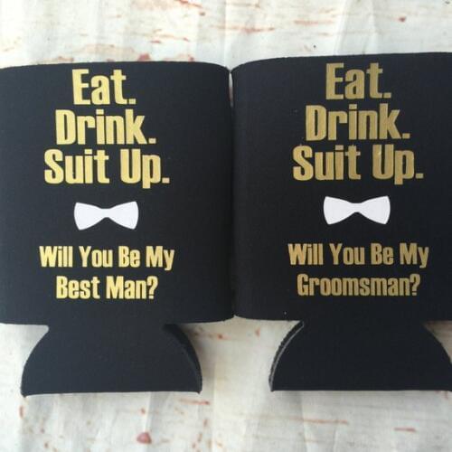 Personalize text wedding groomsman bestman gold Drink Coolers proposal gifts Bachelorette Bottle Beer Can Holders, usher gifts
