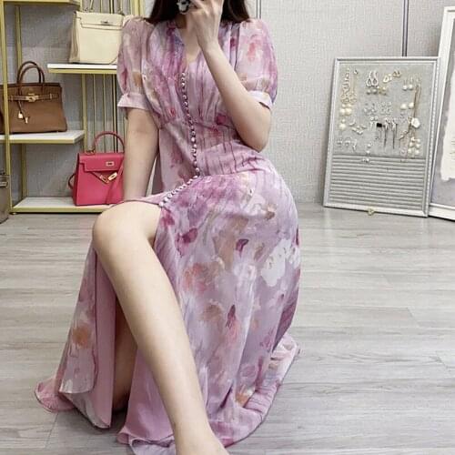 Women Summer French V-Neck Floral Slim Split Long Dress Female Single Breasted Fashion Sweet Dress High Version Dresses ML221