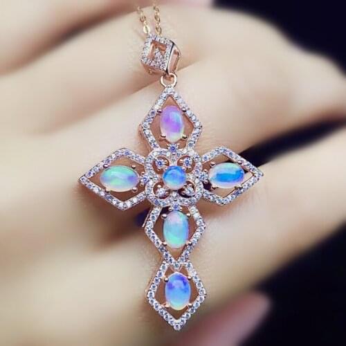 Natural real white opal cross style necklace pendant Per jewelry 0.3ct*5pcs 0.16ct*1pc gemstone 925 sterling silver X216338
