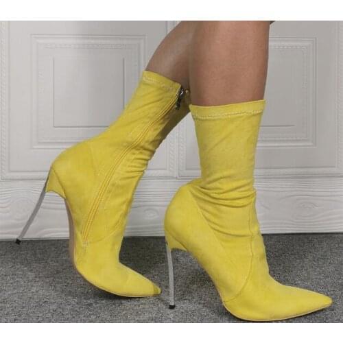 Drop Shipping Women Fashion Pointed Toe Suede Leather Stiletto Metal Heel Short Boots Yellow Red Black Thin Heel Mid-calf Boots