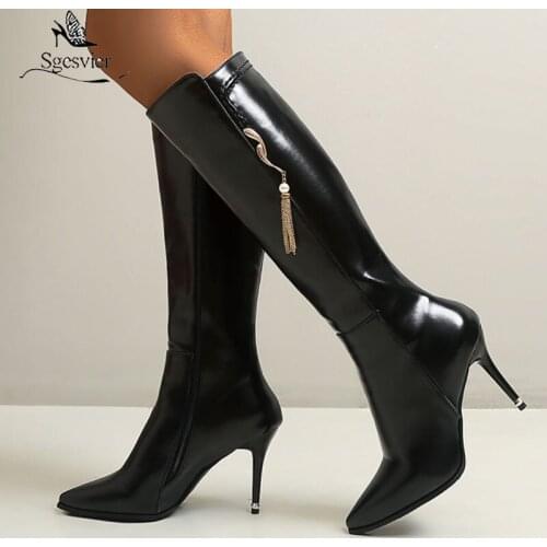 Sgesvier Black White Sexy Pointed Toe Knee High Boots Women High Heel Boots Ladies Spring Autumn Long Boots Botas Invierno Mujer