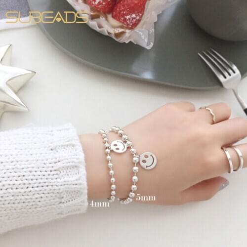 Subeads 925 Sterling Silver Smiley Face Charms Bracelet For Women Girls Happy Beads Chain Bracelet Jewelry Gifts