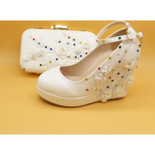 White Lace Flower wedding shoes with matching bags bride High heels Wedges Pumps Ladies Party shoe and bag set Ankle strap shoe