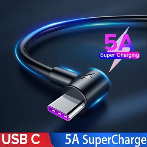 90 degree 5A USB Type C Charging Cable Cabo for Huawe P30 P20 Pro Mate 30 lite nova 6 Honor 20 9X SuperCharge Phone Charger Cord