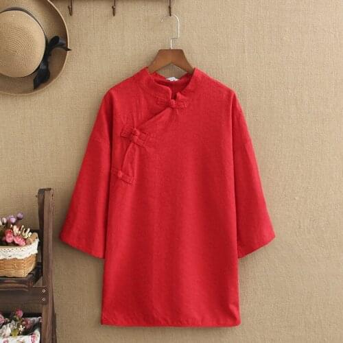 Plus Size T Shirt For Women Stand Collar Natural Cotton And Linen Chinese Wind Element Embroidery Pattern Short Sleeve Shirt