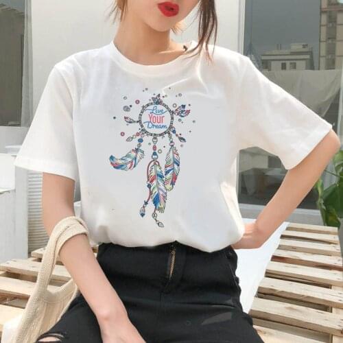Ladies Harajuku short-sleeved Flower Earrings printed T-shirt Womens T-shirt retro Dreamcatcher casual O-neck top shirt