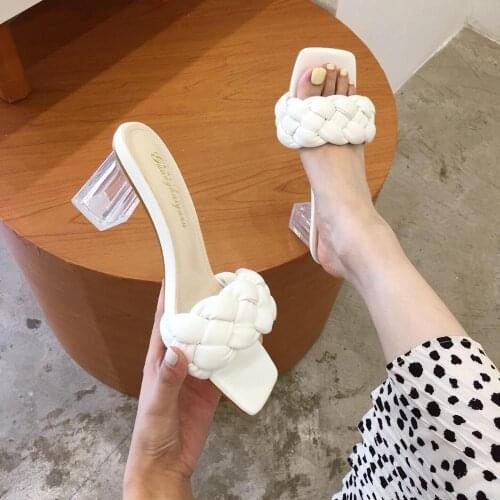 Med Shoes Woman 2020 Glitter Slides Transparent Slippers Women Heels Square heel Fashion Jelly High Block Luxury Soft Rome