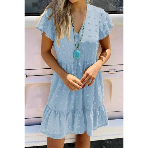 Pink/Blue/Yellow Polka Dot V Neck Ruffled Short Sleeves Mini Dress Women Summer Casual A Line Short Boho Dresses