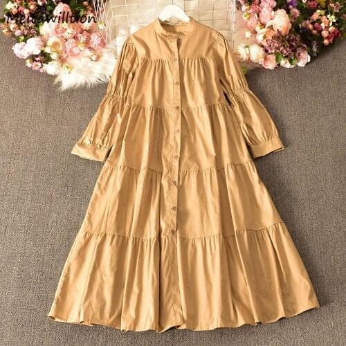 Women Solid Shirt Dress 2021 Spring Puff Single-Breasted A-Line Dresses Casual Loose Long Sleeve Button Long Maxi Dresses