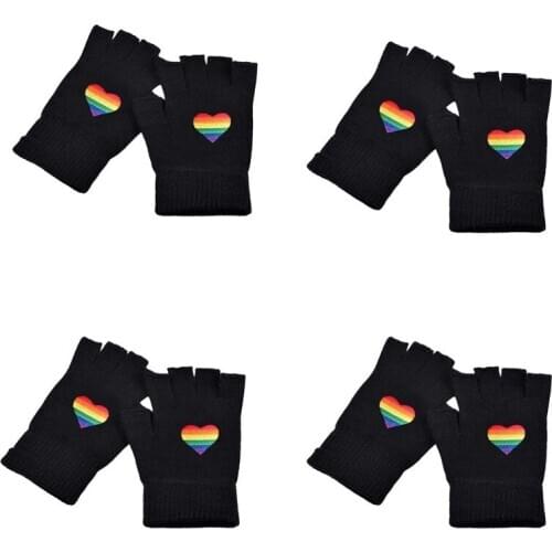 Unisex Winter Knitted Fingerless Gloves Rainbow Stripes Heart Embroidery Mittens X7JB