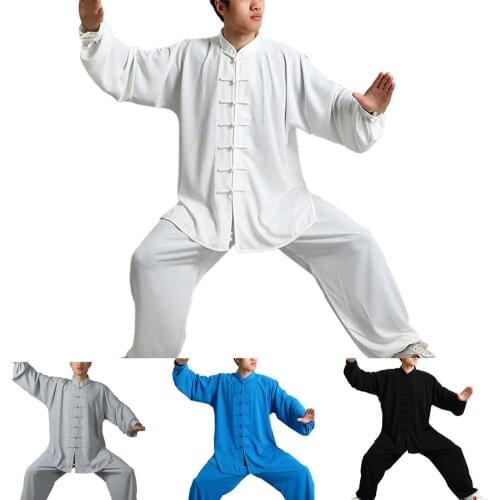 2Pcs/Set Unisex Button Placket Shirt Loose Solid Color Chinese Traditional Tai Chi Suit Kung Fu Wear