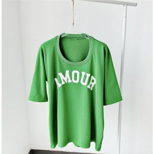 2021SS New green Oversized T-shirt Round Neck Front Letters Print Drop Shoulder Short Sleeves Fashion Tops Tee