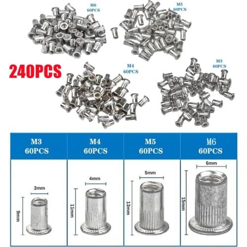 240PCS M3 M4 M5 M6 Rivet Nut Flat Head Threaded Insert Nut Rivet Cap Set Threaded Nuts Aluminum Alloy Rivet Nuts