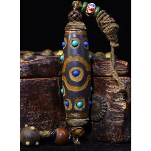 4" Tibet Buddhism Old Natural agate Filigree Gilt mosaic Dzi Bead Pendant turquoise Town House Exorcism Ward off evil spirits