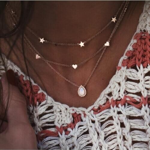 Bohemian 3 Pcs/Set Star Heart Necklace for Women Multi Layer Choker Necklace Water Drop Pendant Womens Chokers Fashion Jewelry