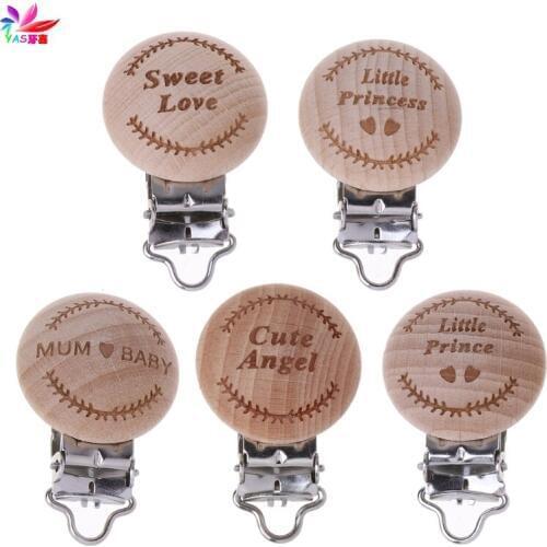 Beech Wooden Pacifier Clip Letter printing Natural Beech Wood Baby Pacifier Holder Dummy Clips DIY Pacifier Chain Accessory