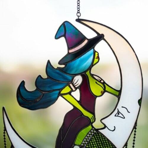 Halloween Witch On Moon Decor Stained Suncatcher Window Hangings Outdoor Wall Art Home Decoration JW