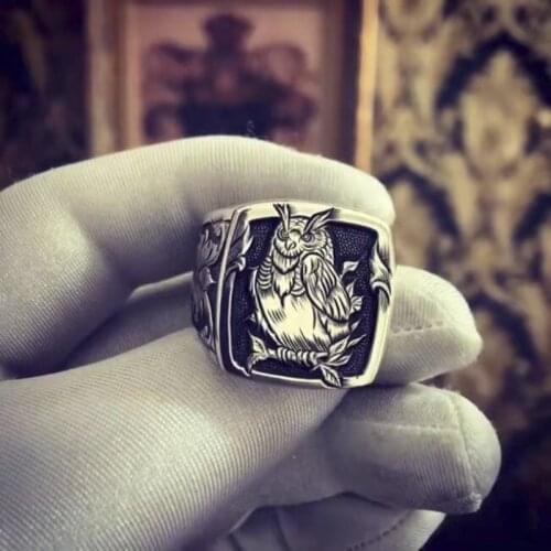 New Mens Vintage Stainless Steel Animal Owl Ring Fashion Lace Design Anniversary Gift for Mens Punk Party Jewelry Size 6-13