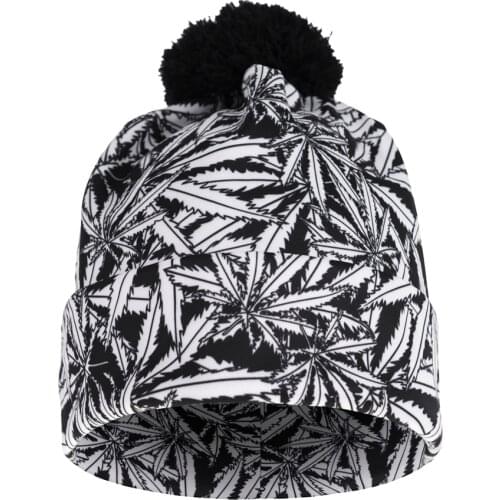 FCCEXIO 2019 New Autumn and Winter Women 3D Printed Gray Weeds Warm Pompon Hat Beanies Unique Colorful Nice Knitted Hat