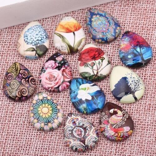 Onwear 20pcs mixed flower tree photo pendant teardrop glass cabochon 18x25mm diy earrings jewelry making accessories