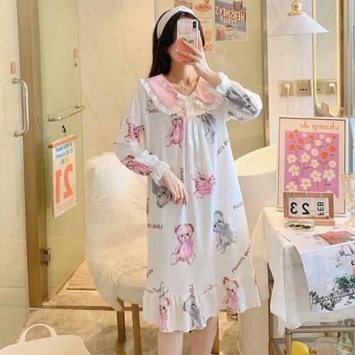 2021 Autumn Cotton Print Long Sleeve Nightgowns for Women Loose Long Dress Sleepwear Night Gown Nightdress Nightwear Home Nighty