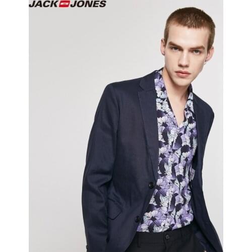 JackJones Mens Slim Fit Linen Two-button Front Pure Color Notched Collar Suit Jacket|219208508