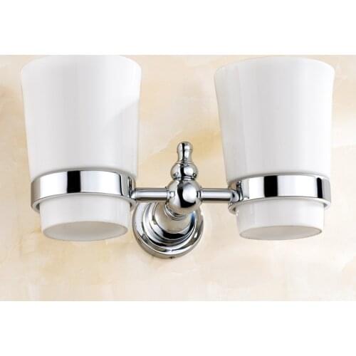 Polished Chrome Brass Wall Mounted Double Tumbler Holder White Ceramics Toothbrush Cup Bathroom Accessory aba908