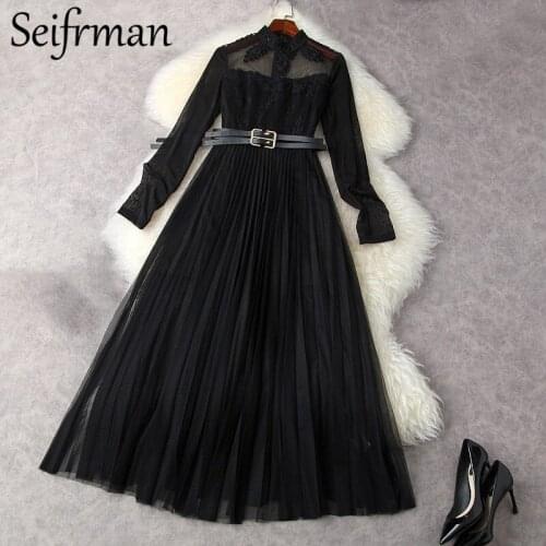 Seifrmann New 2021 Summer Women Fashion Designer Party Pleated Dress Long Sleeve Sashes Beading High Waist Maxi Dresses Vestidos