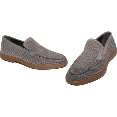 Handmade Gray Breathable Summer Loafers, Pereforated Suede, Natural Calf Skin, Soft Flexible Rubber Sole, Mens Classic Shoes