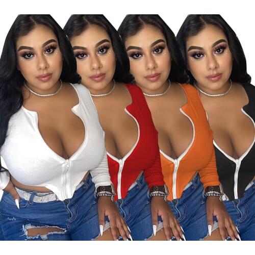 Solid Color Irregular Sexy Zipper Top Long Sleeves Short Tops Skinny Slim Autumn Single Clothes for Woman Trendy Dropshipping