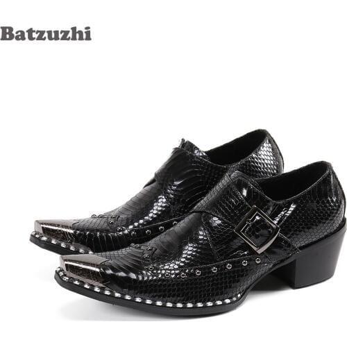 Batzuzhi 6.5cm High Heels Mens Shoes Zapatos Hombre Leather Mens Dress Shoes Metal Pointed Toe Black Business, Party Shoes